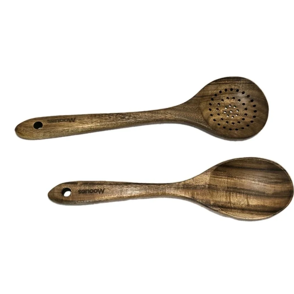 Mooues Acacia Wood Utensil Set w Holder 8pc GUC Rustic Kitchen 🍴